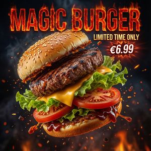 Ad for 'Magic Burger'. Dynamic, exploded burger with all ...