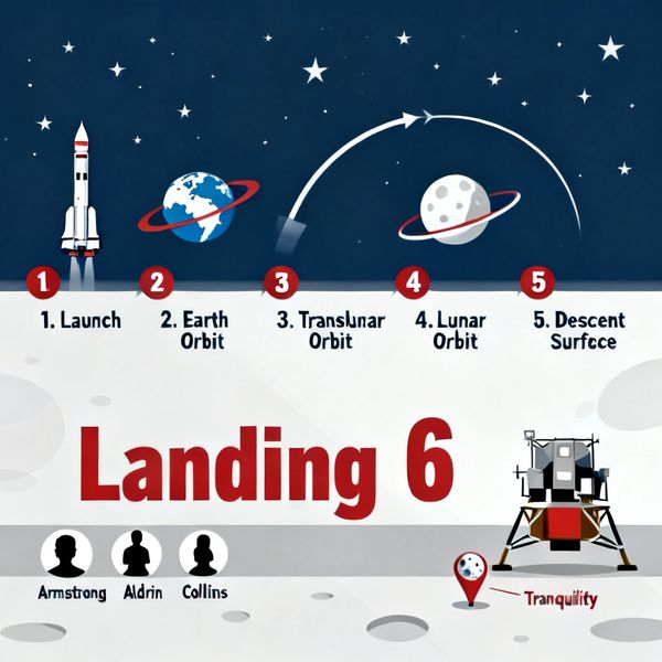 AI image generated by Seedream 4.0, ranked #16 of 19 in the "Apollo 11: Journey to Tranquility" arena challenge — prompt: Create a clean, modern vector infographic poster about the Apollo 11 mission. NASA-inspired palette (navy, white, muted red, light gray). Flat-vector style, crisp lines, consistent iconography, subtle gradients only.
Steps (stop at landing):
1. Launch (Saturn Vicon)
2. Earth Orbit (Earth + orbit ring icon)
3. Translunar (trajectory arc icon)
4. Lunar Orbit (Moon + orbit ring icon)
5. Descent (lunar module descending icon)
6. Landing (lunar module on the surface icon)
Small supporting elements (minimal text):
• Crew strip: three silhouette icons with only last names:
Armstrong, Aldrin, Collins.
• Landing site marker: Moon pin labeled "Tranquility" only.
Layout constraints: generous margins, large readable labels, clean background with subtle stars. Vector-only, print-poster look, high resolution.