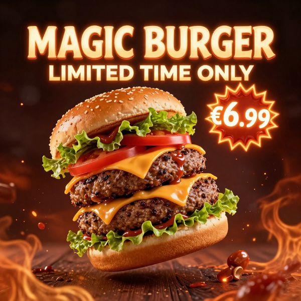 AI image generated by Z-Image Turbo, ranked #2 of 18 in the "Magic Burger Explosion: Fiery Photorealism Challenge" arena challenge — prompt: Ad for 'Magic Burger'. Dynamic, exploded burger with all components (bun, patty, cheese, lettuce, tomato, sauce) suspended in mid-air. Emphasize photorealistic detail and a sense of motion. Dark, fiery background with glowing embers. Integrate text: 'MAGIC BURGER' as a prominent title, 'LIMITED TIME ONLY' as a secondary message, and '€6.99' in a starburst, all rendered with a fiery, glowing effect.