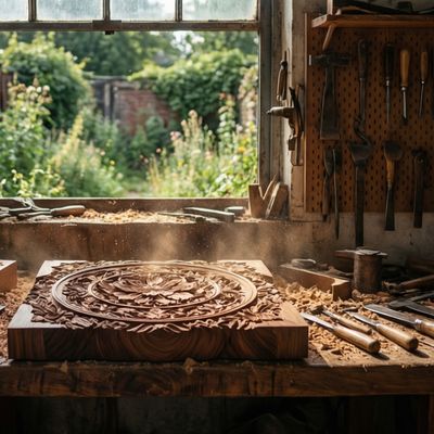 Qwen Image Max generated image of Cinematic wide shot of a master woodworker's sun-drenched atelier, dust motes...