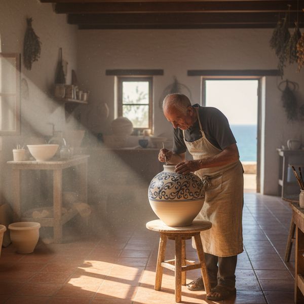 Cinematic wide shot of an elderly artisan in a sun-drenched Mediterranean workshop, meticulously ...