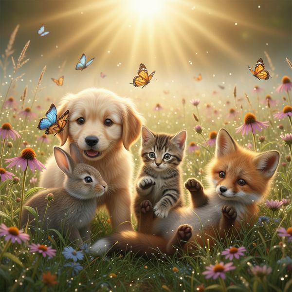 AI image generated by Nano Banana, ranked #17 of 25 in the "Adorable Baby Animals in Sunny Meadow" arena challenge — prompt: Hyper-photorealistic scene of fluffy baby animals—a golden retriever puppy, tabby kitten, baby bunny, and red fox kit—with big expressive eyes and ultra-detailed soft fur, playfully chasing butterflies and tumbling together in a lush wildflower meadow, warm golden sunrise light with god rays and dew sparkles, joyful wholesome vibe, 8K masterpiece.