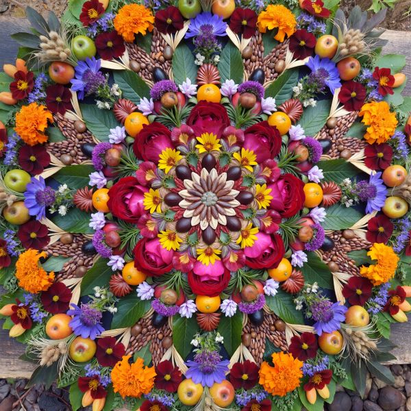 Perfectly symmetrical mandala made entirely of real flowers, petals, leaves, fruits, and seeds in...