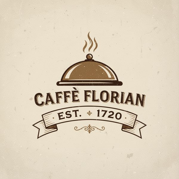 Vintage minimalist restaurant logo for "Caffè Florian", retro cloche dome with steam and "Est. 17...
