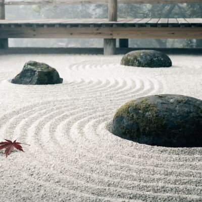 Recraft V4.1 generated image of A cinematic wide-angle shot of a serene Japanese rock garden (karesansui). Me...