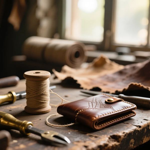 A close-up, cinematic macro shot of an weathered leather craftsman's workbench. In sharp focus ar...