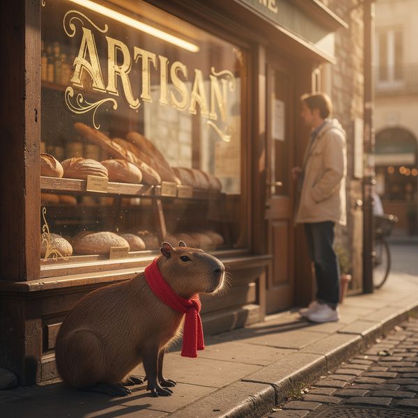AI image generated by FLUX.2 [max] — prompt: A cozy street-side bakery window reflecting the morning sun, with the word "ARTISAN" hand-painted in gold calligraphy on the glass. A customer waits by the door, while a capybara sits quietly on the sidewalk nearby, wearing a tiny red scarf.