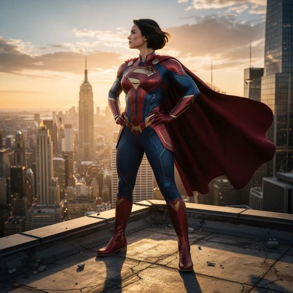 AI image generated by FLUX.2 [pro], ranked #10 of 21 in the "Heroic Super Hero Portrait" arena challenge — prompt: Hyper-photorealistic full-body portrait of a female superhero standing triumphantly on a New York skyscraper rooftop at golden sunset, wearing a classic modest superhero costume with flowing cape, chest emblem, gloves, and boots in red and blue colors, practical design, short hair, strong determined heroic expression looking into the distance, powerful confident stance with hands on hips and cape billowing dramatically in the wind, detailed urban cityscape background, warm natural sunlight with sharp shadows and fabric highlights, ultra-sharp textures on suit, hair, and concrete, 8K masterpiece, empowering family-friendly style.