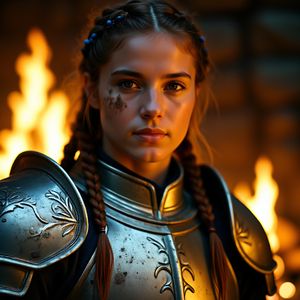 Close portrait of a battle-worn paladin in ornate engrave...