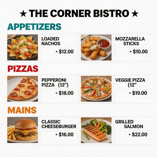 Modern minimalist restaurant menu design, white background with colorful food photos in grid, sec...