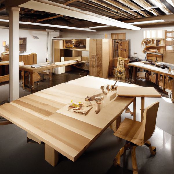 AI image generated by DALL-E 2 — prompt: A hyper-realistic, wide-angle cinematic shot of a master carpenter's sun-drenched workshop. In the foreground, a beautifully crafted walnut dining table is mid-assembly, showing intricate dovetail joints and fine wood grain textures. Sawdust particles dance in the warm shafts of light streaming through large industrial windows. The background is filled with organized racks of hand tools, vintage planes, and rolls of blueprints. 4:3 landscape, shallow depth of field, professional architectural photography style.