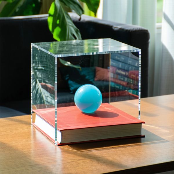 A glass cube on a wooden table. Inside the cube is a small blue sphere. On top of the cube sits a...