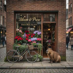 A cozy street-side flower shop called "Bloom & Prose" wit...