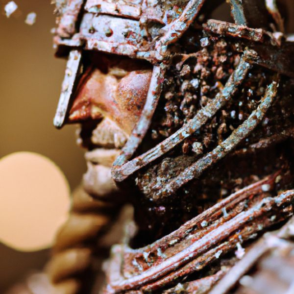 AI image generated by DALL-E 2, ranked #22 of 23 in the "Fantasy Warrior" arena challenge — prompt: Close portrait of a battle-worn paladin in ornate engraved plate armor, hair braided with small beads, faint scars and dirt on the skin, warm torchlight reflecting off metal, shallow depth of field, bokeh sparks, lifelike eyes, highly detailed texture on leather straps and cloth underlayer.
