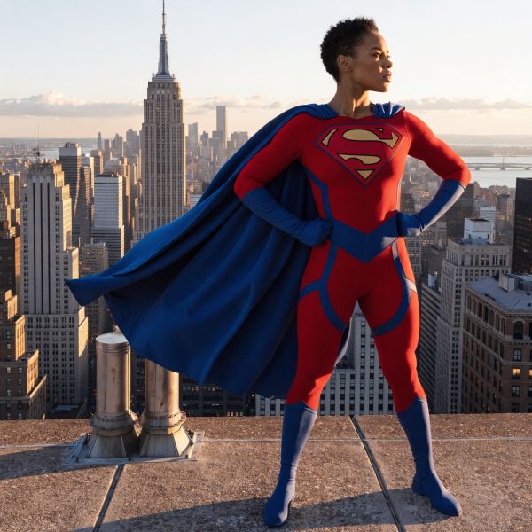 AI image generated by Recraft V4 Pro, ranked #6 of 21 in the "Heroic Super Hero Portrait" arena challenge — prompt: Hyper-photorealistic full-body portrait of a female superhero standing triumphantly on a New York skyscraper rooftop at golden sunset, wearing a classic modest superhero costume with flowing cape, chest emblem, gloves, and boots in red and blue colors, practical design, short hair, strong determined heroic expression looking into the distance, powerful confident stance with hands on hips and cape billowing dramatically in the wind, detailed urban cityscape background, warm natural sunlight with sharp shadows and fabric highlights, ultra-sharp textures on suit, hair, and concrete, 8K masterpiece, empowering family-friendly style.