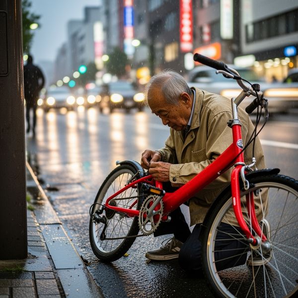 AI image generated by FLUX.2 [flex], ranked #22 of 24 in the "Candid Street Photography" arena challenge — prompt: A candid street photo of an elderly Japanese man repairing a red bicycle in light rain, reflections on wet pavement, shallow depth of field, 50mm lens, natural skin texture, imperfect framing, motion blur from passing cars, cinematic but realistic, no stylization.