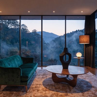 Recraft V4.1 Utility Pro generated image of Cinematic wide shot of an elegant, mid-century modern living room at dusk, fe...