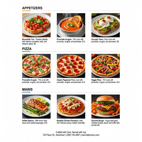 AI image generated by Grok Imagine Image Pro, ranked #8 of 19 in the "Modern Clean Menu" arena challenge — prompt: Modern minimalist restaurant menu design, white background with colorful food photos in grid, sections for appetizers/pizza/mains, bold sans-serif fonts, vibrant accents, clean professional layout for casual dining.