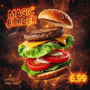 Bria FIBO — Magic Burger Explosion: Fiery Photorealism Challenge