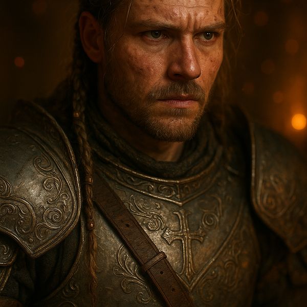 Close portrait of a battle-worn paladin in ornate engraved plate armor, hair braided with small b...