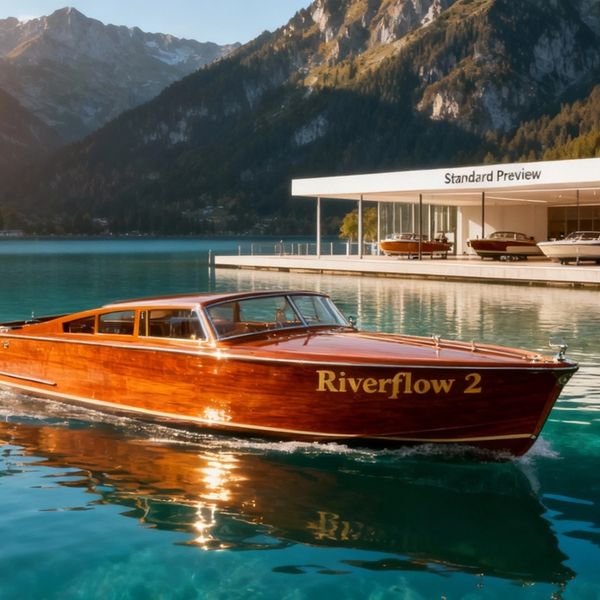 A wide cinematic shot of a luxury vintage wooden motorboat gliding through a crystal-clear turquo...