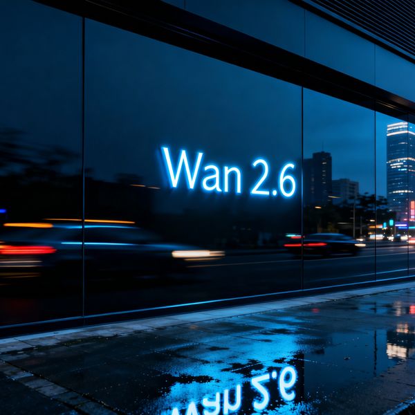 Cinematic night shot of a sleek futuristic storefront, "Wan 2.6" glowing in elegant sapphire neon...