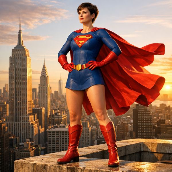 AI image generated by GPT Image 1.5, ranked #11 of 21 in the "Heroic Super Hero Portrait" arena challenge — prompt: Hyper-photorealistic full-body portrait of a female superhero standing triumphantly on a New York skyscraper rooftop at golden sunset, wearing a classic modest superhero costume with flowing cape, chest emblem, gloves, and boots in red and blue colors, practical design, short hair, strong determined heroic expression looking into the distance, powerful confident stance with hands on hips and cape billowing dramatically in the wind, detailed urban cityscape background, warm natural sunlight with sharp shadows and fabric highlights, ultra-sharp textures on suit, hair, and concrete, 8K masterpiece, empowering family-friendly style.