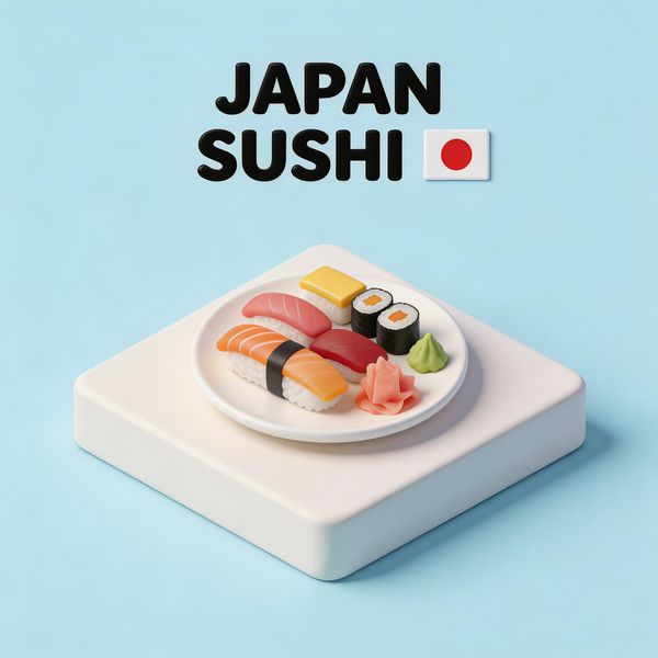 AI image generated by Seedream 5.0 Lite, ranked #12 of 21 in the "Isometric Miniature Diorama Scenes" arena challenge — prompt: Create a clear, 45° top-down isometric miniature 3D cartoon scene of Japan's signature dish: sushi, with soft refined textures, realistic PBR materials, gentle lighting, on a small raised diorama base with minimal garnish and plate. Solid light blue background. At top-center: 'JAPAN' in large bold text, 'SUSHI' below it, small flag icon. Perfectly centered, ultra-clean, high-clarity, square format.