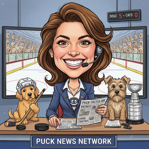 AI image generated by Nano Banana, ranked #9 of 13 in the "Over-the-top cartoon caricature" arena challenge — prompt: Create a caricature of me and my job. Make it exaggerated and humorous, incorporating my profession as a tv show anchor and my love for dogs and hockey.
