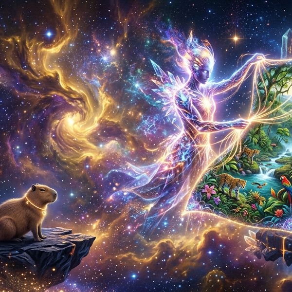 AI image generated by Nano Banana 2 — prompt: A breathtaking, hyper-realistic wide shot of a celestial forge floating amidst a swirling nebula of liquid gold and deep violet starlight. In the center, a majestic, ethereal figure composed of shifting light and crystalline fractals is weaving strands of raw energy into a vibrant, hyper-detailed tapestry that depicts a lush, photorealistic rainforest. The composition follows the rule of thirds, with the radiant artisan on the right, leaving vast cinematic breathing room on the left for text overlay. In the lower-left foreground, sitting peacefully on a floating obsidian rock amidst the cosmic dust, a small capybara wearing a tiny, glowing golden collar watches the creation of the universe with calm indifference. 16:9 aspect ratio, ultra-high definition, cinematic lighting, premium flagship aesthetic.