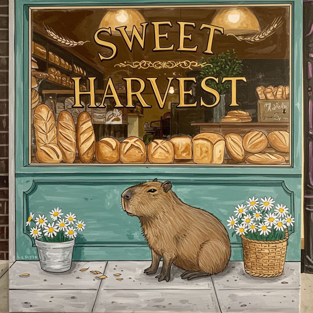 Imagen 3.0 Generate 002 generated image of A vibrant, hand-painted wooden sign for a local bakery that says "SWEET HARVE...