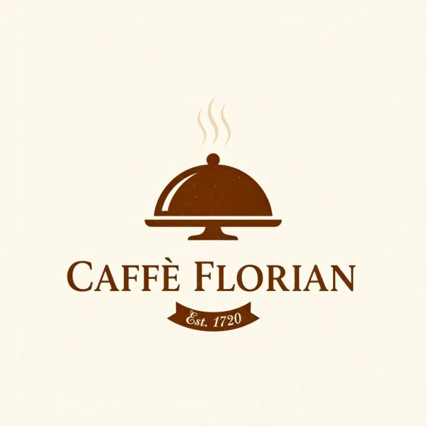AI image generated by FLUX.2 [flex], ranked #21 of 23 in the "Vintage Cafe Logo" arena challenge — prompt: Vintage minimalist restaurant logo for "Caffè Florian", retro cloche dome with steam and "Est. 1720" banner, classic typography, warm brown and cream tones, subtle texture on light background, vector emblem style.