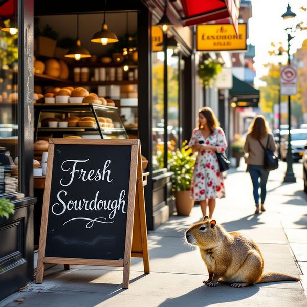 AI image generated by HiDream I1 Fast — prompt: A cozy street corner bakery with a large chalkboard sign that says "FRESH SOURDOUGH" in elegant hand-lettered cursive. Golden afternoon sun hits the storefront. In the background, a capybara calmly waits in line behind a woman in a floral dress.