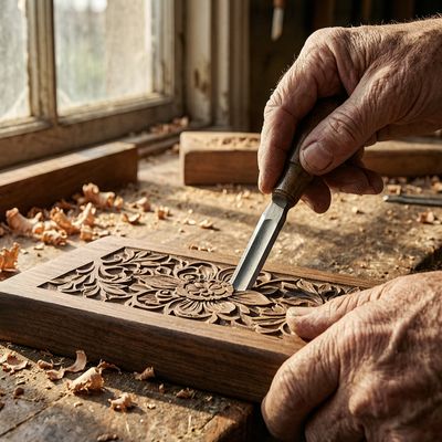 Wan 2.7 generated image of A meticulously detailed close-up of an elderly artisan's hands carving an int...