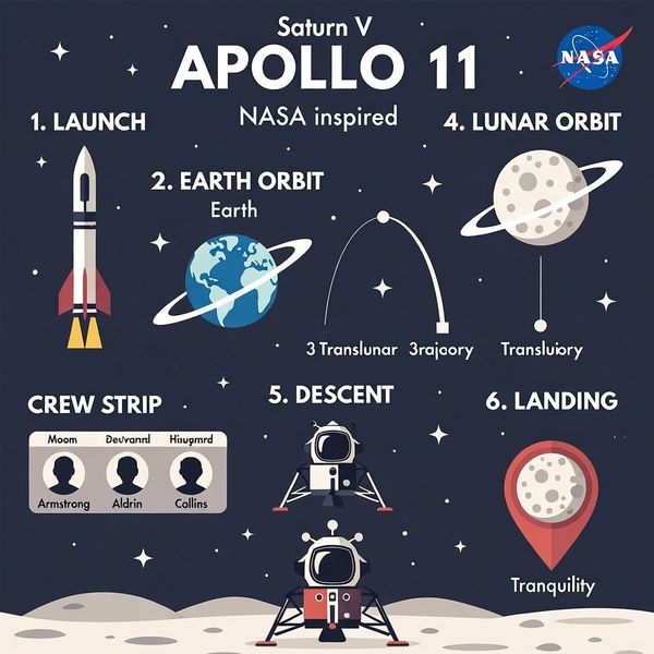 AI image generated by Grok Imagine Image, ranked #5 of 19 in the "Apollo 11: Journey to Tranquility" arena challenge — prompt: Create a clean, modern vector infographic poster about the Apollo 11 mission. NASA-inspired palette (navy, white, muted red, light gray). Flat-vector style, crisp lines, consistent iconography, subtle gradients only.
Steps (stop at landing):
1. Launch (Saturn Vicon)
2. Earth Orbit (Earth + orbit ring icon)
3. Translunar (trajectory arc icon)
4. Lunar Orbit (Moon + orbit ring icon)
5. Descent (lunar module descending icon)
6. Landing (lunar module on the surface icon)
Small supporting elements (minimal text):
• Crew strip: three silhouette icons with only last names:
Armstrong, Aldrin, Collins.
• Landing site marker: Moon pin labeled "Tranquility" only.
Layout constraints: generous margins, large readable labels, clean background with subtle stars. Vector-only, print-poster look, high resolution.