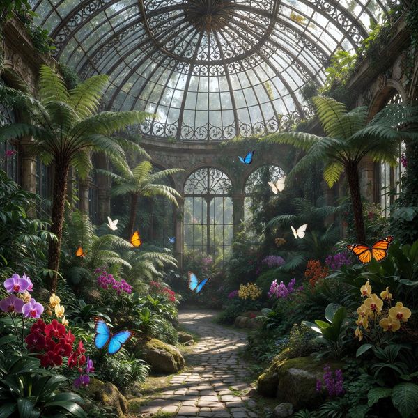 Hyper-photorealistic interior of a lush Victorian glass greenhouse filled with exotic tropical pl...
