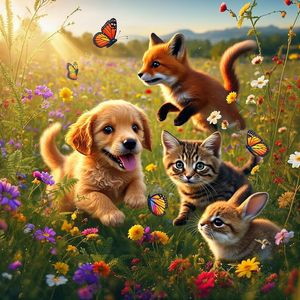 Hyper-photorealistic scene of fluffy baby animals—a golde...