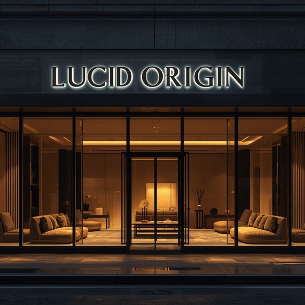 A wide cinematic shot of a high-end, minimalist lifestyle boutique at dusk. Through the large gla...