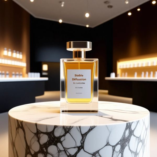 Cinematic wide shot of a high-end, minimalist artisan perfume boutique. In the center of the fram...