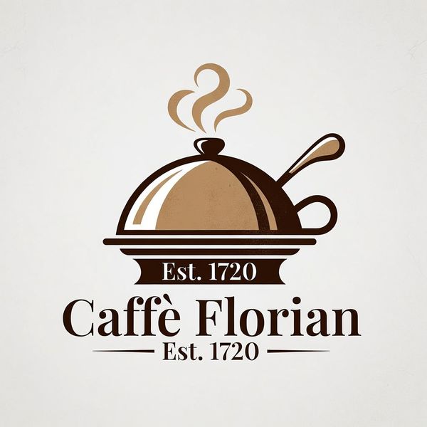 AI image generated by Grok Imagine Image, ranked #13 of 19 in the "Vintage Cafe Logo" arena challenge — prompt: Vintage minimalist restaurant logo for "Caffè Florian", retro cloche dome with steam and "Est. 1720" banner, classic typography, warm brown and cream tones, subtle texture on light background, vector emblem style.