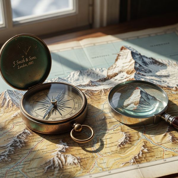 A hyper-realistic cinematic close-up of a weathered vintage compass resting on a detailed topogra...