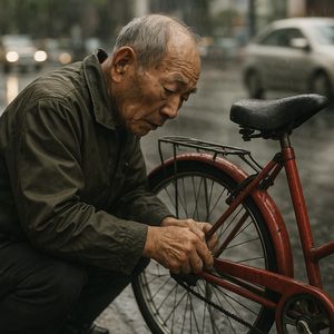 A candid street photo of an elderly Japanese man repairin...
