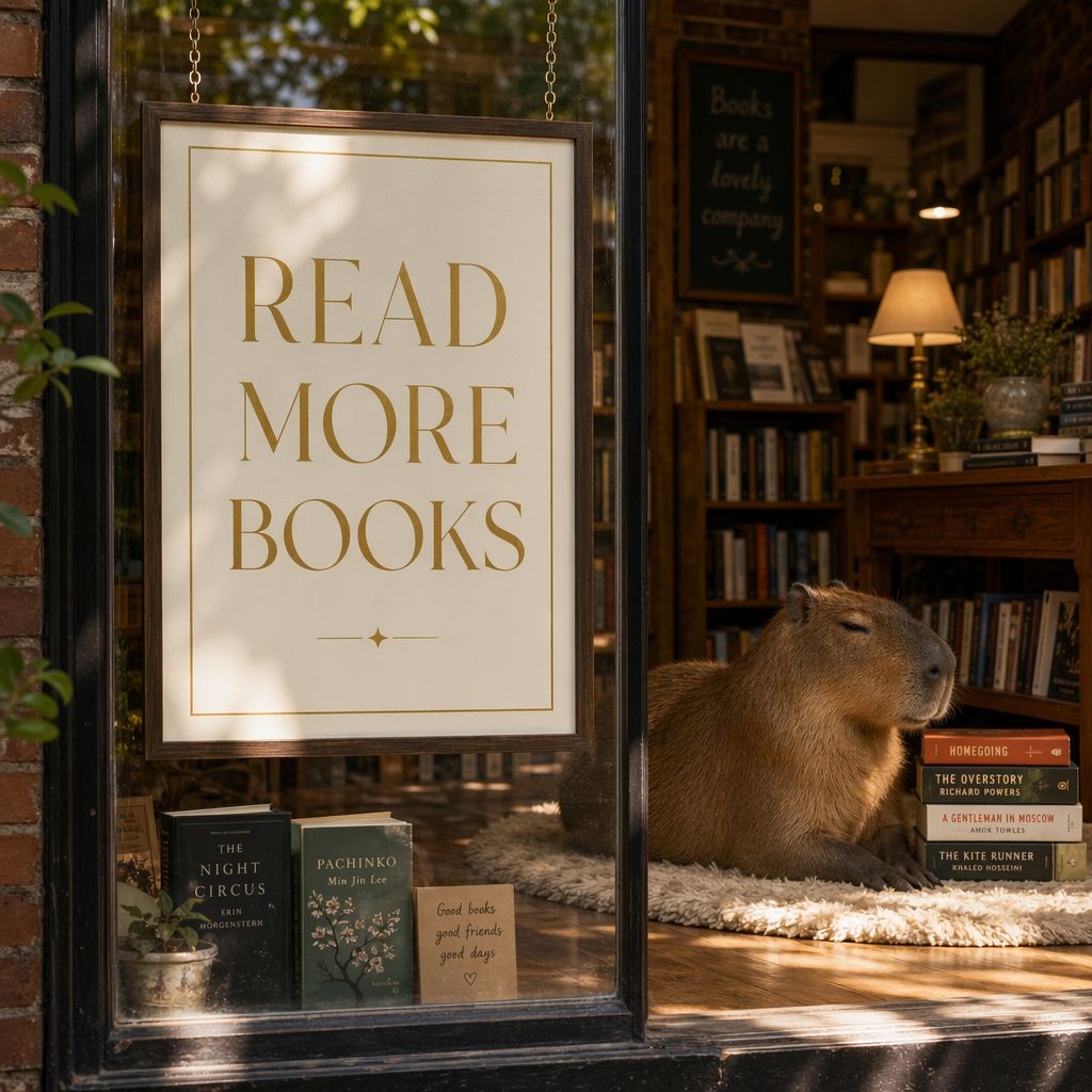 GPT Image 2 generated image of A cozy, sunlit bookstore window showcasing a minimalist poster that reads "RE...