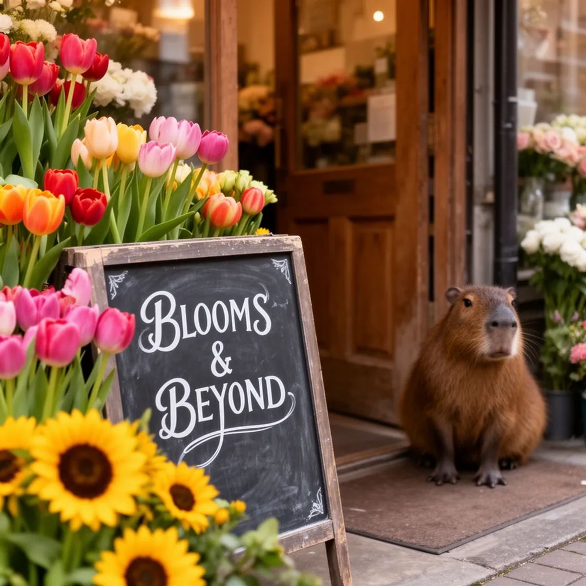 FLUX.2 [dev] generated image of A cozy street-side flower shop with a chalkboard sign out front that reads "B...