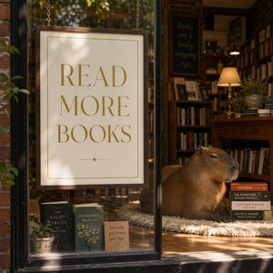 A cozy, sunlit bookstore window showcasing a minimalist p...