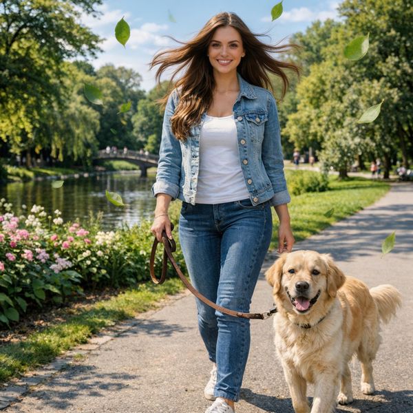 AI image generated by Seedream 5.0 Lite, ranked #9 of 13 in the "Golden Hour Stroll" arena challenge — prompt: Add dynamic motion to this photo: make hair blow in the wind, add leaves flying, energetic and lively feel.