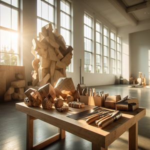 A cinematic wide-angle shot of a minimalist wooden sculpt...