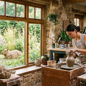 A sun-drenched, cozy ceramic studio with hand-painted pot...