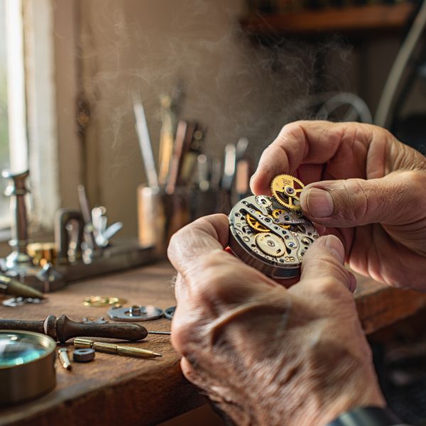 A hyper-realistic cinematic close-up of an elderly craftsman's hands carefully assembling a compl...