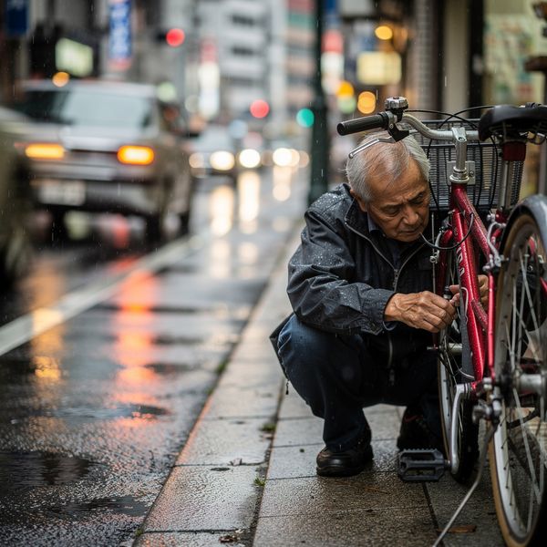 AI image generated by FLUX.2 [max], ranked #8 of 24 in the "Candid Street Photography" arena challenge — prompt: A candid street photo of an elderly Japanese man repairing a red bicycle in light rain, reflections on wet pavement, shallow depth of field, 50mm lens, natural skin texture, imperfect framing, motion blur from passing cars, cinematic but realistic, no stylization.